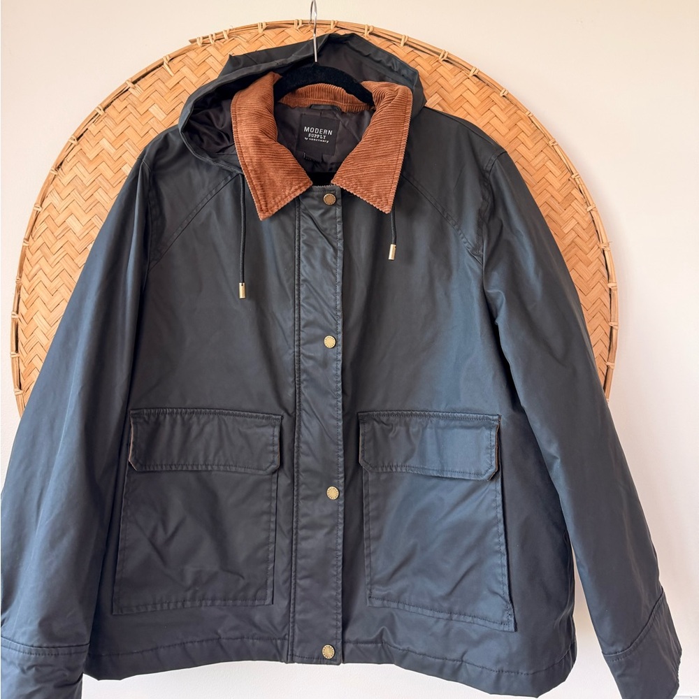 MODERN SUPPLY BY SANCTUARY HOODED WAXED JACKET BARN CHORE COAT‎ CORDUROY COLLAR - Picture 9 of 16